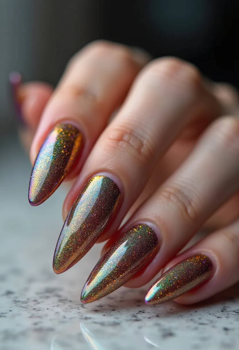 The nail design features a striking iridescent color palette with shades of metallic gold, green, and hints of purple, creating a captivating, multi-dimensional effect. The nails are shaped into a sharp stiletto style, accentuating the boldness of the design. A glossy, reflective finish suggests the use of gel or shellac treatment, enhancing the durability and shine of the nails. The design includes fine, glittery specks embedded throughout, adding a touch of sparkle and glamour. This nail art could be ideal for a festive or celebratory occasion, fitting well within an autumnal or holiday theme due to its rich and warm hues.