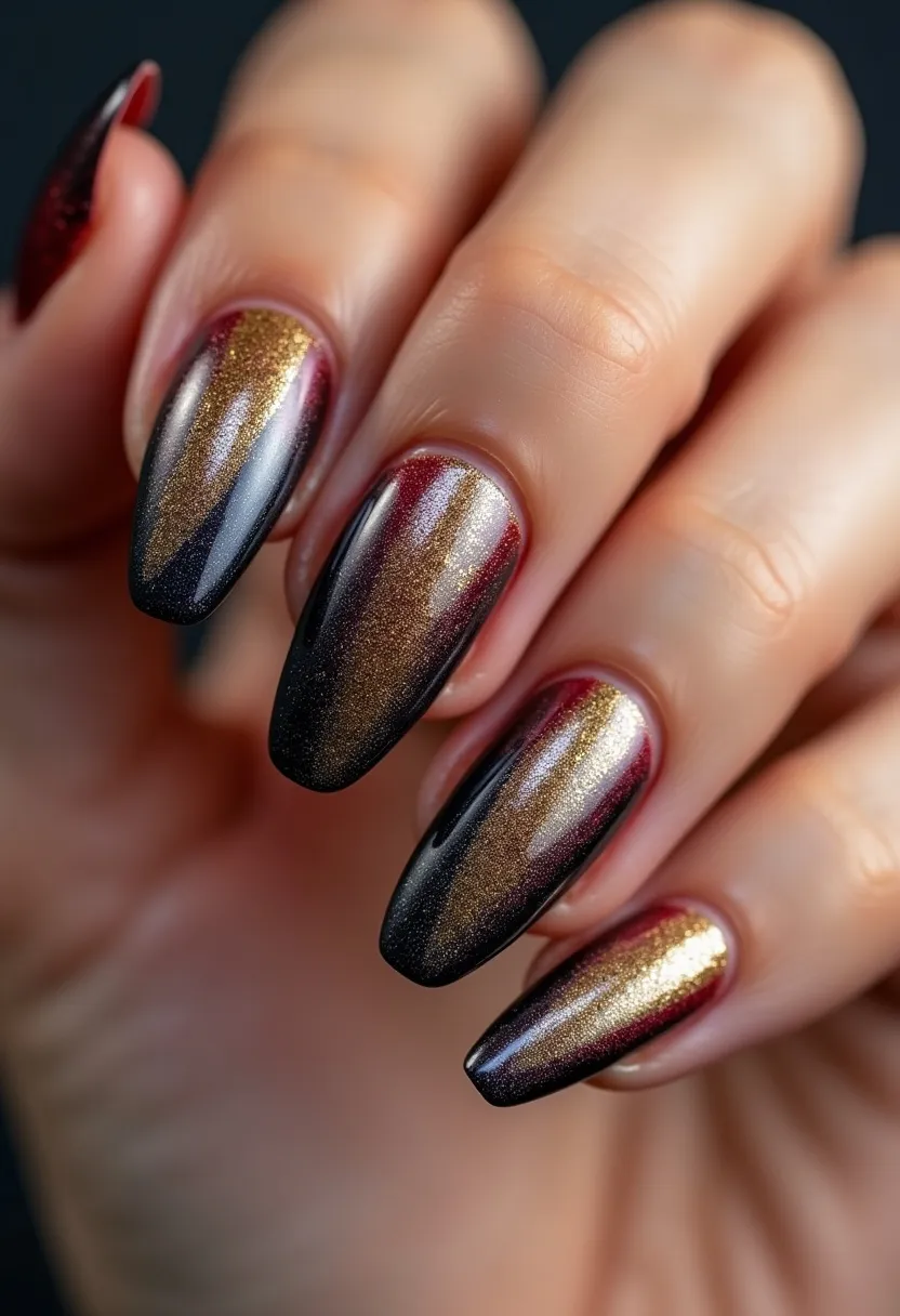 The nails display an almond shape with a sophisticated color palette transitioning from deep red to black, accented with a shimmering gold gradient. The design features an intricate ombre pattern blending the colors seamlessly, creating a visually striking effect. The high-gloss finish suggests a gel nail treatment, enhancing the overall sheen and durability of the nails. The design exudes an opulent, festive vibe, making it suitable for special occasions or seasonal celebrations like New Year's Eve or a glamorous event. Unique details include the precise blending of colors and the subtle metallic sheen that adds depth to the design.