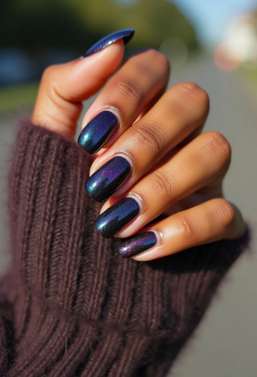 The nail design features a striking and sophisticated dark color palette with a dominant shade of deep blue or purple, accented by a shimmering, iridescent effect that catches the light with multicolored glints. The nails are medium to long in length with a rounded almond shape, providing a sleek and elegant look. The overall design appears to be a shellac or gel treatment, given the high-gloss finish and durability. This nail art is suitable for a festive or evening setting, likely aimed at adding a touch of glamour and sophistication, making it ideal for special occasions or seasonal events such as holiday parties or New Year's Eve celebrations.