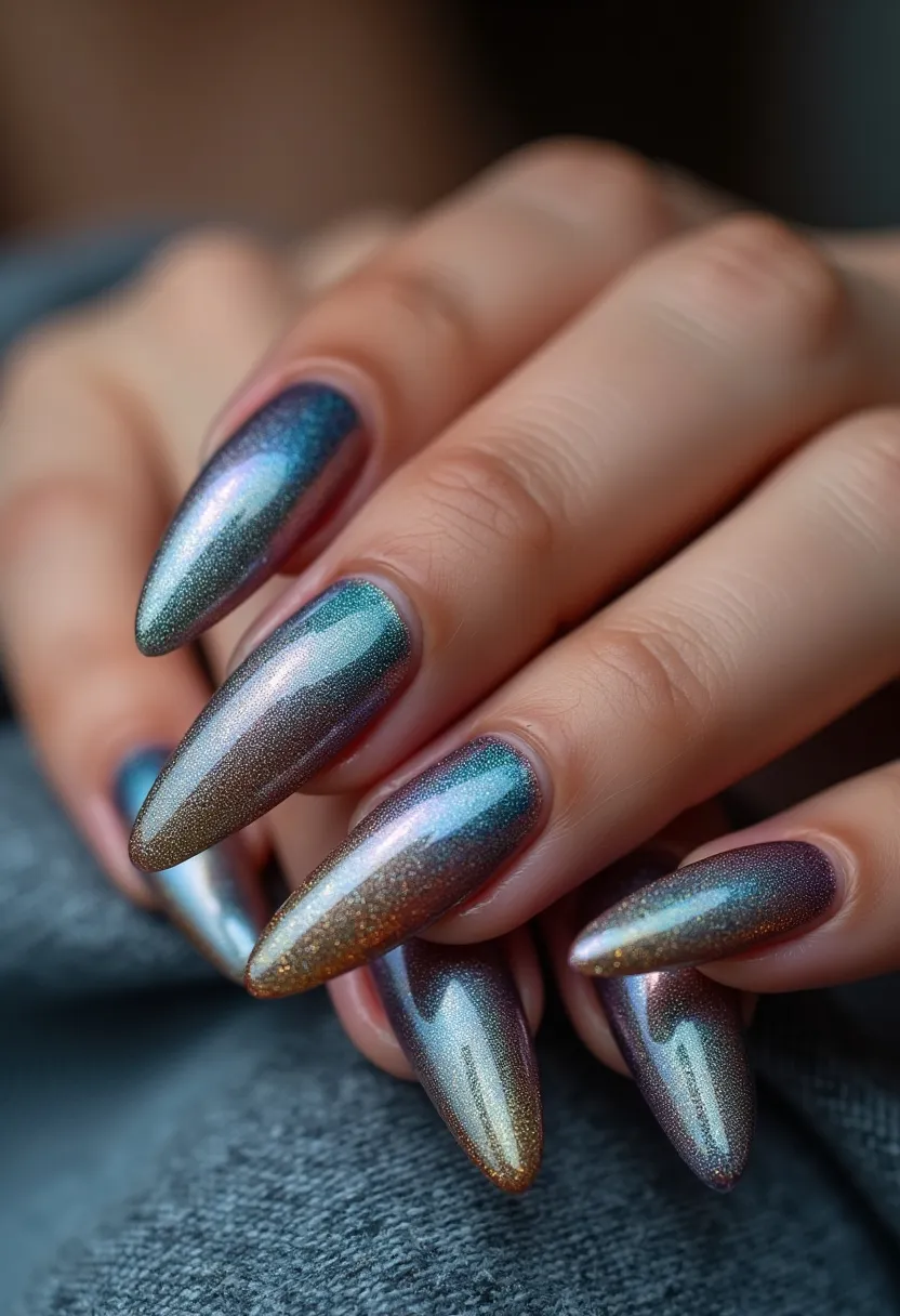 The nail design features a striking, multi-chromatic color palette that shifts between shades of blue, purple, and hints of gold. The nails are shaped into a sharp stiletto form, enhancing the edgy and dramatic appearance. The finish suggests a holographic or metallic treatment, likely achieved through gel or shellac polish, which provides both durability and a high-gloss, reflective shine. This design may incorporate a subtle gradient or ombre effect, creating a seamless transition between the colors. The overall look exudes a futuristic and glamorous vibe, suitable for special occasions or making a bold fashion statement.