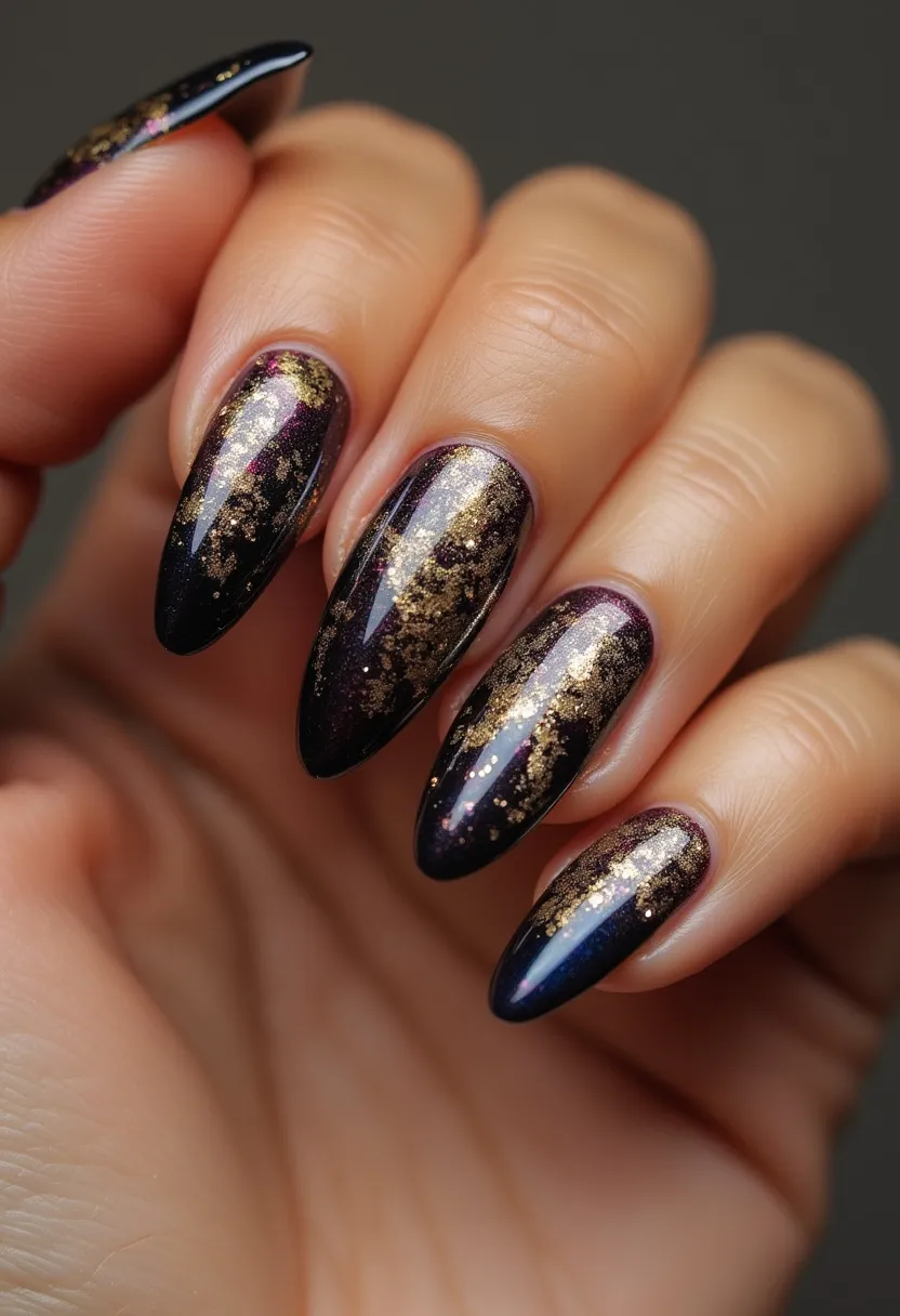 The nail design features an elegant and sophisticated color palette predominantly comprising deep, dark shades of black with a hint of purple and gold accents. The nails are shaped in a stylish almond form, which elongates the fingers and adds a touch of glamour. Each nail showcases intricate decorations with a refined, metallic gold foil application that adds striking contrast and a luxurious feel to the dark base. This design is likely achieved using gel treatment, which provides a glossy finish and durability. The overall look is reminiscent of a celestial or galaxy theme, making it an ideal choice for festive seasons or special evening events.