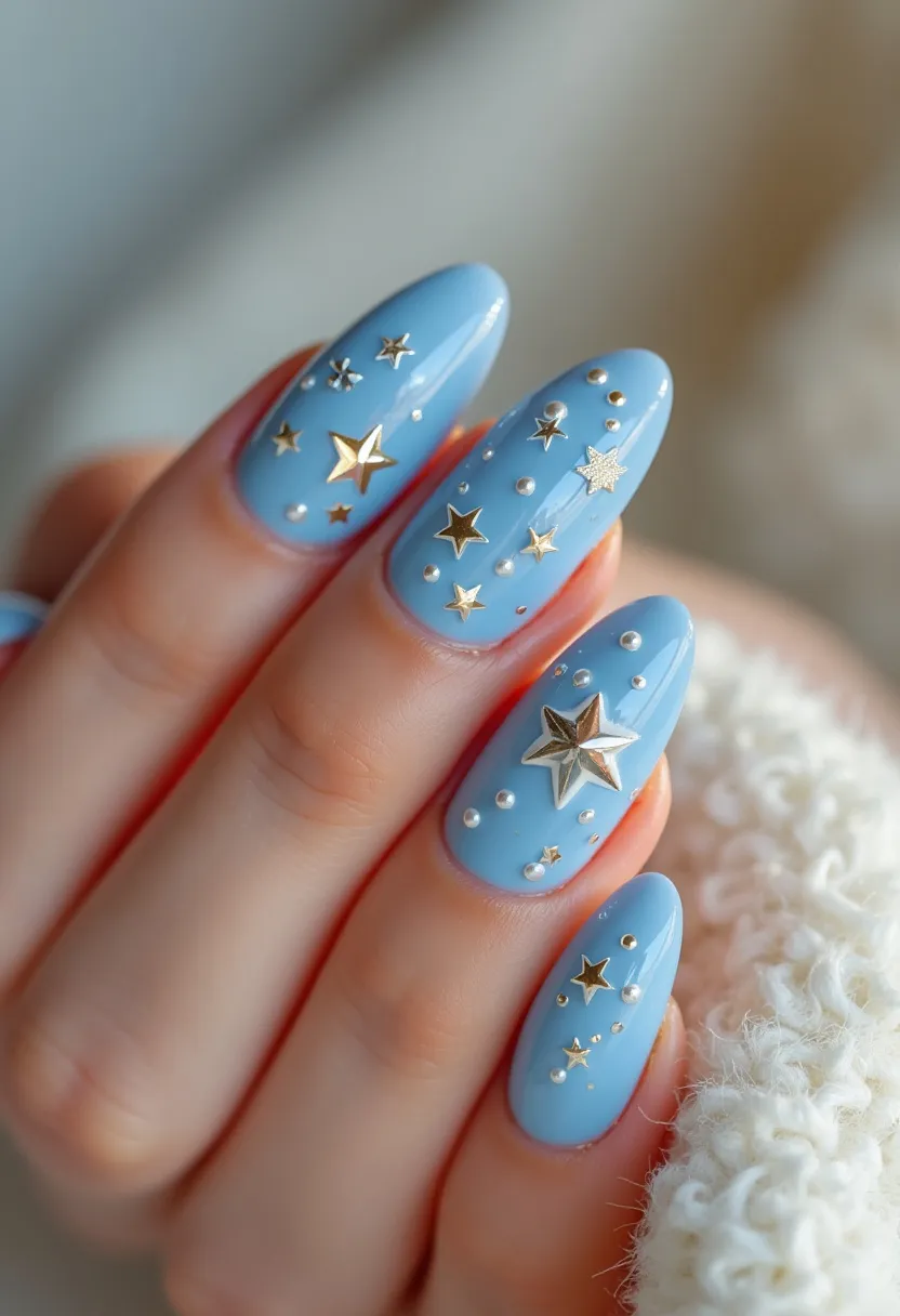 The nail design features an elegant, celestial theme with a soothing light blue color palette. The nails are medium length with an almond shape, enhancing their delicate appearance. Each nail is adorned with a variety of intricate decorations including golden stars of different sizes and small pearl-like studs. The embellishments are meticulously placed, creating a scattered starry effect that adds a touch of whimsy and sophistication. This manicure appears to utilize gel treatment, giving the nails a glossy and smooth finish, perfect for both everyday wear and special occasions. The design's celestial motif makes it particularly suitable for festivities or winter-themed events, invoking a dreamy, night-sky aesthetic.