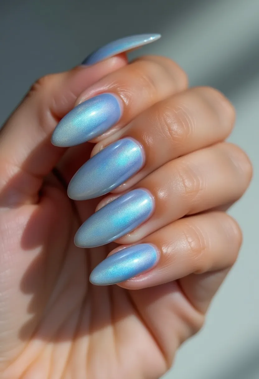 The nail design features a stunning holographic color palette with shades of blue and hints of purple, creating an iridescent effect that catches light beautifully. The nails are almond-shaped, adding a touch of elegance and elongating the fingers. The surface appears smooth and glossy, likely achieved with a gel treatment that enhances the reflective quality of the polish. There are no additional intricate patterns or decorations, keeping the design simple yet striking. The overall look is modern and chic, making it suitable for both everyday wear and special occasions, especially during the winter season due to its frosty color scheme.