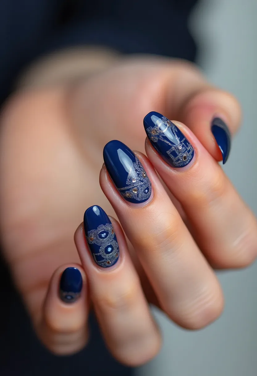 The nail design features a sophisticated and elegant color palette dominated by a deep navy blue. The nails are shaped into a smooth, elongated oval, which adds to the sleek and refined appearance. Intricate patterns adorn several of the nails, incorporating fine silver lines and small, sparkling gemstones that create delicate, lace-like designs. The treatment used appears to be gel, given the high gloss finish and the precision of the decorations. This design is suitable for a special occasion or a formal event, possibly hinting at a winter or evening theme due to the dark, rich colors and sparkle reminiscent of a clear, starry night.