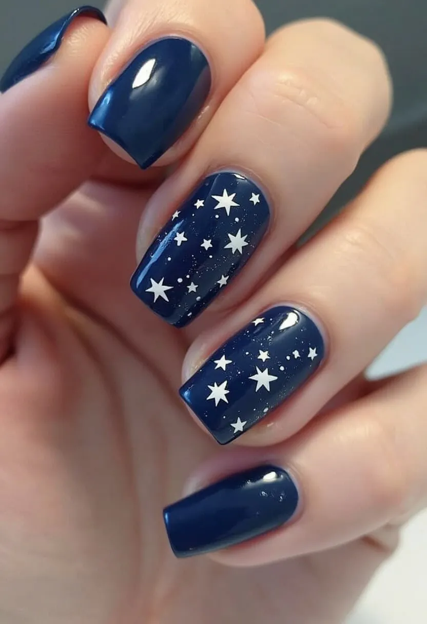 The nail design features a polished square shape with a rich, deep navy-blue color that serves as the base. This sophisticated color palette is complemented by an elegant star motif in white, with various sizes of stars scattered across two of the nails, creating a striking celestial theme. The nails appear to be treated with a gel or shellac finish, given their high-gloss, smooth appearance and durability, which is essential for maintaining the intricate design. The inclusion of white stars against the dark blue backdrop evokes a nighttime sky, giving these nails a whimsical, cosmic feel that could be especially fitting for festive seasons or special nighttime events.