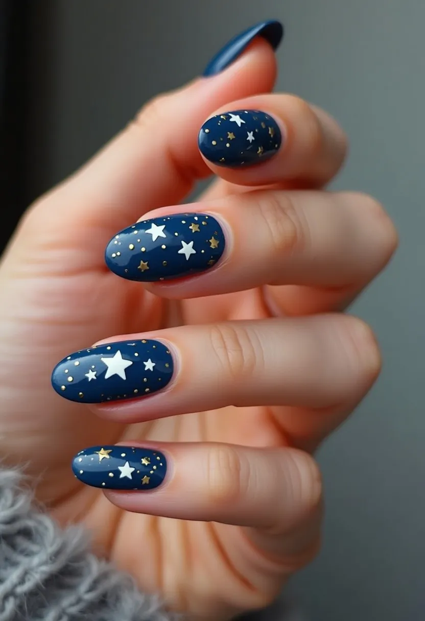 The nail design features a striking celestial theme with a navy blue color palette, embellished with small white and gold stars of various sizes. The nails are shaped in an elegant almond form. Each nail is painted with a glossy finish, likely achieved using a gel treatment given the smooth, shiny surface. The intricate pattern, consisting of star motifs, evokes a night sky, adding a whimsical and dreamy feel to the design. This manicure would be suitable for seasonal themes such as winter or special occasions like evening events, where a touch of sparkle can complement an elegant outfit.