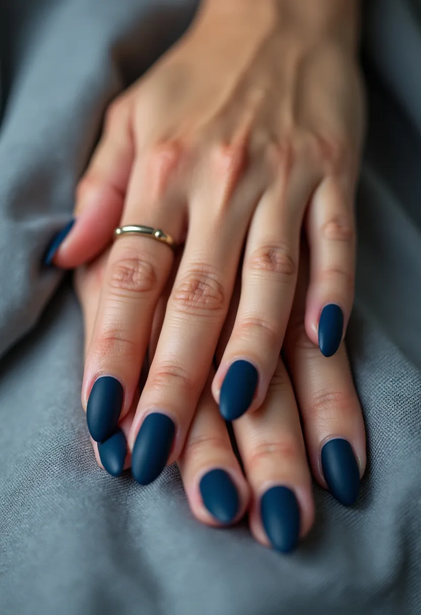 The nail design features a matte, deep blue polish, creating a bold and elegant look. The nails have an almond shape, tapering to a rounded point, which complements the length and adds a touch of sophistication. There are no patterns or intricate decorations, allowing the solid color to stand out. This manicure appears to be a gel treatment, providing a smooth, long-lasting finish. The overall style is versatile and chic, suitable for any season or occasion, from everyday wear to more formal events.