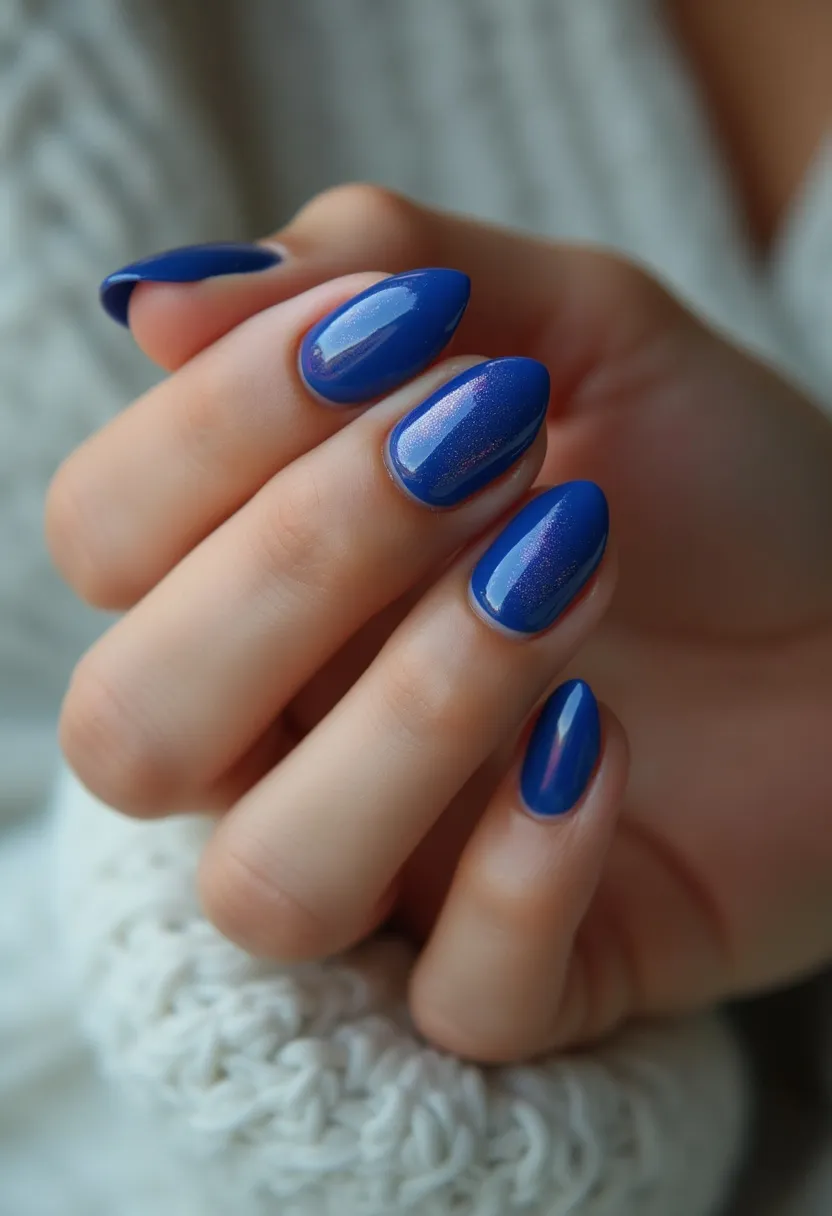 The nail design showcases a striking, deep blue color palette that exudes a sophisticated finish. The nails are shaped in a well-manicured almond form, adding an elegant and elongating effect to the fingers. There is a subtle shimmer integrated into the blue, giving the nails a touch of luminosity and a hint of sparkle which can be indicative of a special occasion or a seasonal winter theme. The type of nail treatment appears to be gel, evidenced by the glossy and durable finish. The overall look is polished and chic, perfect for adding a pop of color to any ensemble.