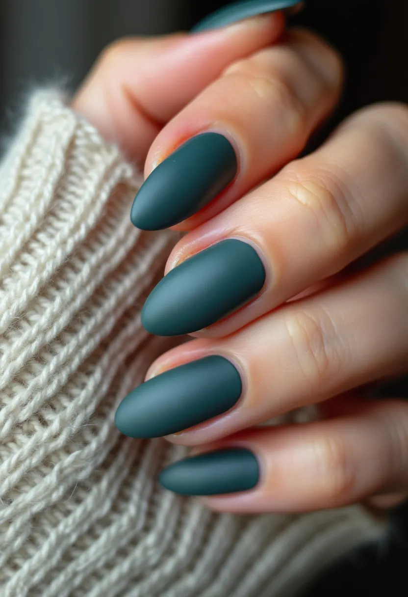 The nail design features a matte finish in a deep, muted teal color that conveys a sophisticated and understated elegance. The nails are shaped in an almond style, which gives them a sleek and elongated appearance. This design does not include any additional patterns or decorations, presenting a minimalist look. Although it is difficult to ascertain the exact type of nail treatment, the smooth and even texture suggests a professional application, possibly using gel or acrylic. The matte teal color and subtle design align well with autumn or winter seasonal themes, as the deeper hue is often favored during the cooler months for its rich and warming aesthetic.