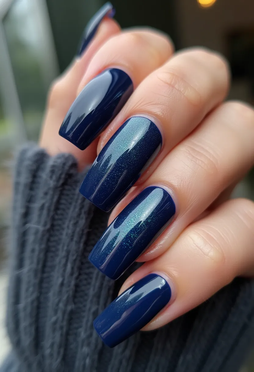 The nail design features a rich, dark blue color palette with slight variations in shade and subtle sparkles creating a sense of depth and elegance. The nails are long and square-shaped, and the polish is smoothly applied, likely indicating a gel treatment due to its high-shine finish. One of the unique details includes a hint of fine glitter or shimmer that adds a bit of sparkle, complementing the darker base color. This design exudes a sophisticated, wintery vibe, making it an ideal choice for the winter season or formal occasions. The cohesive and polished look suggests it was professionally done, aimed at making a bold yet refined style statement.