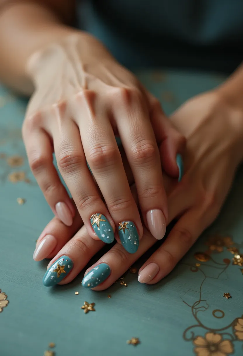 The nail design showcases a color palette consisting primarily of teal and a soft nude shade. The nails are medium length and almond-shaped, providing an elegant and polished appearance. The teal nails feature intricate gold star decals and small white dots, reminiscent of a celestial or winter wonderland theme. Some of the nude nails are adorned with subtle glitter accents near the cuticles, adding a touch of sparkle without overwhelming the design. Given the smooth, glossy finish, it appears that a gel treatment was used to achieve this look, ensuring durability and a high-shine effect. This design, with its muted colors and starry details, is perfect for the winter season or festive occasions, offering both style and seasonal charm.