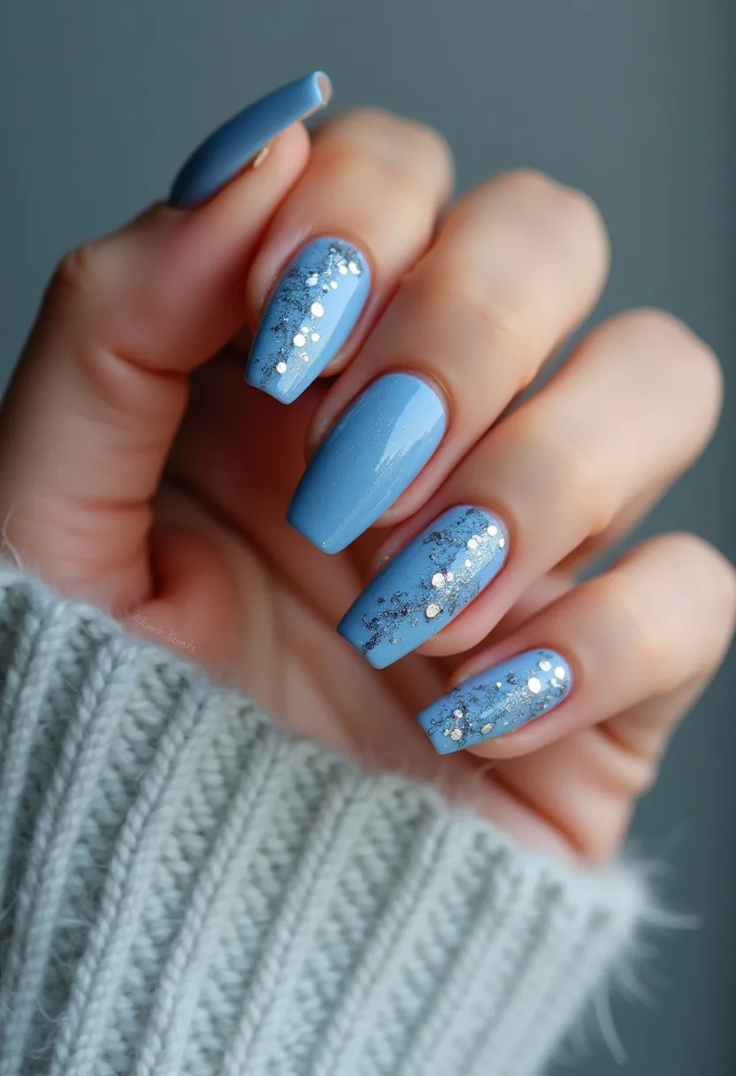 The nail design features a soft and elegant blue color palette, with the nails shaped in a medium-length coffin style. The treatment appears to be a high-gloss gel polish, offering a smooth and shiny finish. The intricate patterns include a delicate mix of silver glitter and fine black detailing resembling frost or branches, adding a touch of whimsy. Some nails also showcase small, reflective silver sequins arranged in a descending pattern, giving a playful and celebratory feel. This design is perfect for the winter season, evoking a sense of frosty elegance and festive charm, suitable for any special occasion during this time of year.