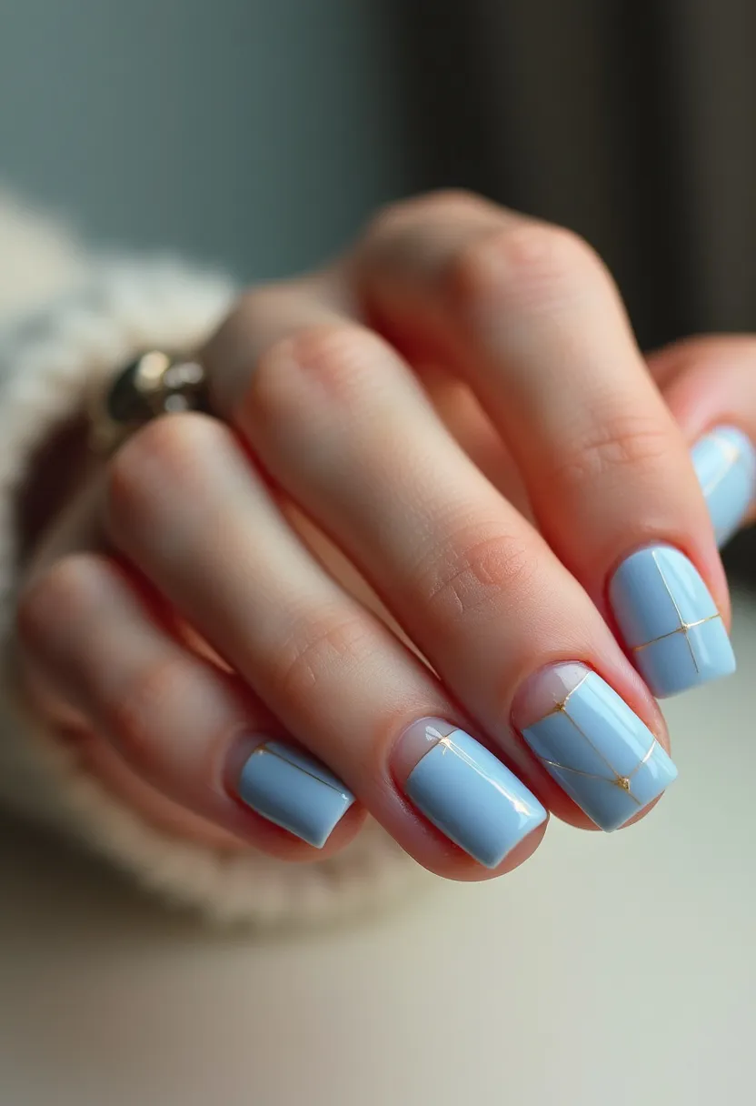 This nail design features a sophisticated and minimalist aesthetic, utilizing a color palette dominated by a soft, pastel blue. The nails are medium length and exhibit a square shape with well-defined edges. A delicate gold line pattern decorates each nail, forming geometric designs that add a touch of elegance and complexity to the overall look. The nail treatment appears to be a smooth, glossy gel, which highlights the clean lines and offers a long-lasting finish. The design exudes a subtle charm suitable for the winter season or special occasions requiring refined elegance.