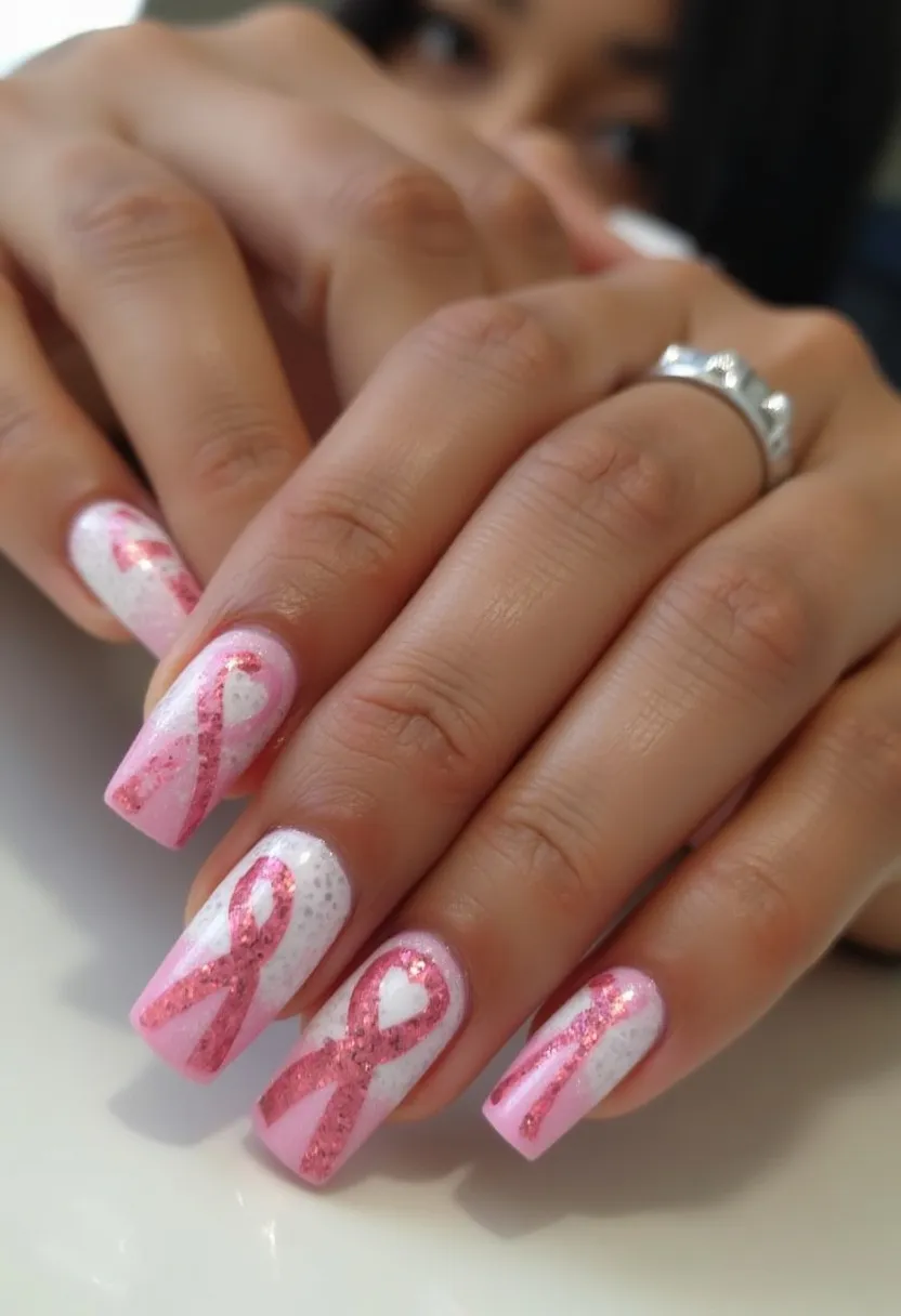 The nail design features a square nail shape with a color palette predominantly consisting of pink and white. The nails display an intricate pattern of glittery pink ribbons on a white base, creating a visually appealing contrast. The treatment appears to include a glossy finish, indicating the possible use of gel polish. This particular design, with its pink ribbons, is likely themed for Breast Cancer Awareness, making it suitable for special awareness occasions. The nails are meticulously decorated with a combination of glitter and subtle color gradients, reflecting a thoughtful and supportive statement.