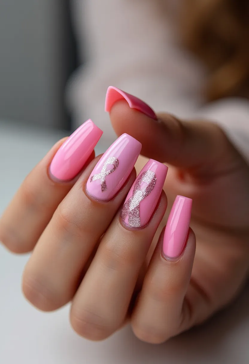 This nail design features a vibrant pink color palette, creating a visually striking and uniform look. The nails are medium to long in length and have a coffin shape, which provides a modern and stylish aesthetic. Two of the nails exhibit intricate decorations: on the middle and ring fingers, there are glittery silver ribbons, reminiscent of breast cancer awareness symbols, indicating a potential theme for a special cause. The nails appear to have a gel treatment, evidenced by the high gloss and durability of the finish. This design is particularly suitable for a specific awareness month or event, blending bold color with meaningful detail.