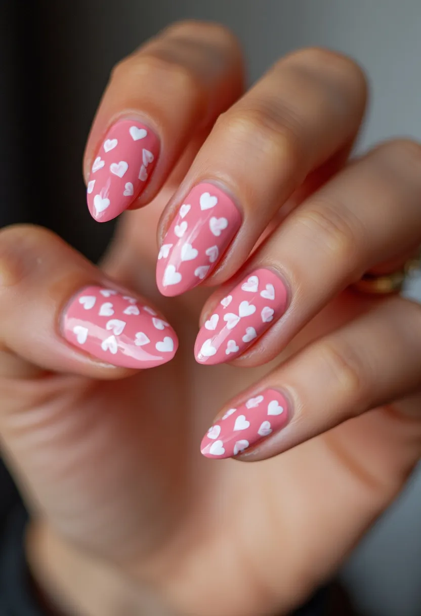 This nail design showcases a delightful combination of pink and white colors, perfect for a playful and romantic look. The nails are shaped into a neat almond form, creating an elegant and elongated appearance. Each nail is painted with a soft, pastel pink base coat, adorned with small, white heart patterns distributed evenly across the surface. The precise application and glossy finish suggest a gel treatment, ensuring durability and a sleek appearance. The prominent heart motifs make this design ideally suited for Valentine's Day or any occasion celebrating love and affection. The overall look is both charming and stylish, highlighting the intricate detailing of the nail art.