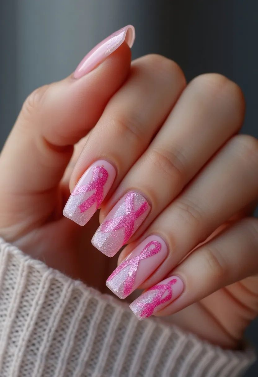 The nail design features a soft pink color palette with a shimmering finish, encompassing a smooth, square tip shape. Each nail is adorned with an intricate pattern of pink ribbons, symbolizing breast cancer awareness, rendered with a glittering effect to add a touch of elegance. The application appears to be a gel treatment, contributing to the glossy and smooth appearance. The overall design is sophisticated and reflective of a special occasion, likely Breast Cancer Awareness Month in October, given the thematic choice of pink ribbons. The glitter effect adds a unique and festive dimension to the otherwise minimalist and meaningful design.