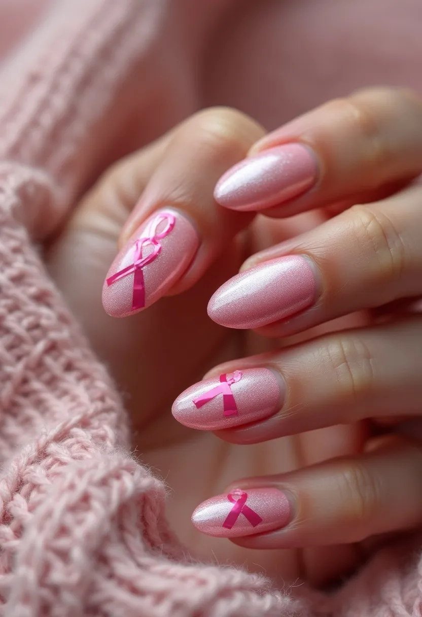 This nail design features a soft, shimmering pink color palette, lending an elegant and delicate appearance. The nails are shaped in an almond style, providing a sleek and gentle curve at the tips. Overlaid on the pink base color are small, intricate decorations of pink ribbons, symbolizing breast cancer awareness. The finish appears glossy, indicative of a gel nail treatment that offers a long-lasting shine and durability. The design embodies a thoughtful seasonal theme, likely associated with Breast Cancer Awareness Month in October, and is both visually appealing and meaningful in its message.