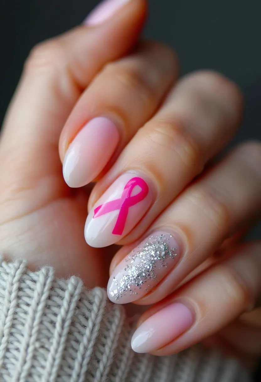 The nail design features a subtle ombré color palette that transitions from a natural light pink at the base to a creamy white towards the tips. The nails are almond-shaped, offering a sleek and feminine appearance. One of the nails showcases a prominent hot pink ribbon, possibly signifying support for breast cancer awareness, while another nail is adorned with a glossy silver glitter accent, providing a touch of sparkle and allure. The smooth, shiny finish suggests that a gel treatment may have been used to achieve this polished look. The design evokes a sense of solidarity and hope, making it suitable for awareness campaigns or similar special occasions.