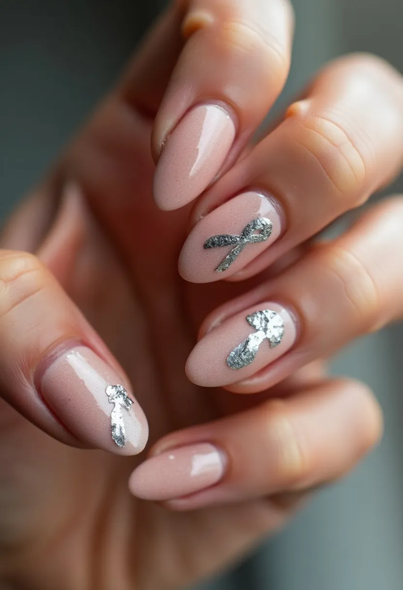 The nail design features a soft, pale pink color palette, creating a delicate and understated base for the nails. The nails are almond-shaped, providing a sleek and elegant silhouette. Intricate decorations include silver foil embellishments, which are artistically placed on several nails in the forms of ribbons and unique shapes, adding a touch of glamour and sophistication. The manicure appears to involve a gel or shellac treatment, ensuring a glossy and chip-resistant finish. The overall look is versatile, suitable for various occasions, and adds a subtle yet eye-catching shimmer to the nails.