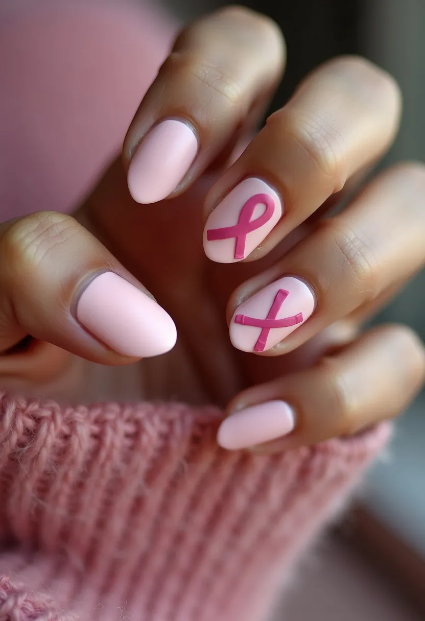 The nail design features a soft and elegant pastel pink color palette, beautifully suited for a gentle and feminine look. The nails are shaped in a short, almond style, giving a sophisticated and classic appearance. On two of the nails, there are intricate decorations featuring pink awareness ribbons, which may symbolize support for a cause such as breast cancer awareness. The ribbons add a thoughtful and meaningful touch to the overall design. This nail treatment is likely gel, given the glossy and smooth finish, which enhances the durability and shine of the nails. The design, with its ribbon motif, suggests a theme of support and solidarity, making it suitable for related awareness events or campaigns.