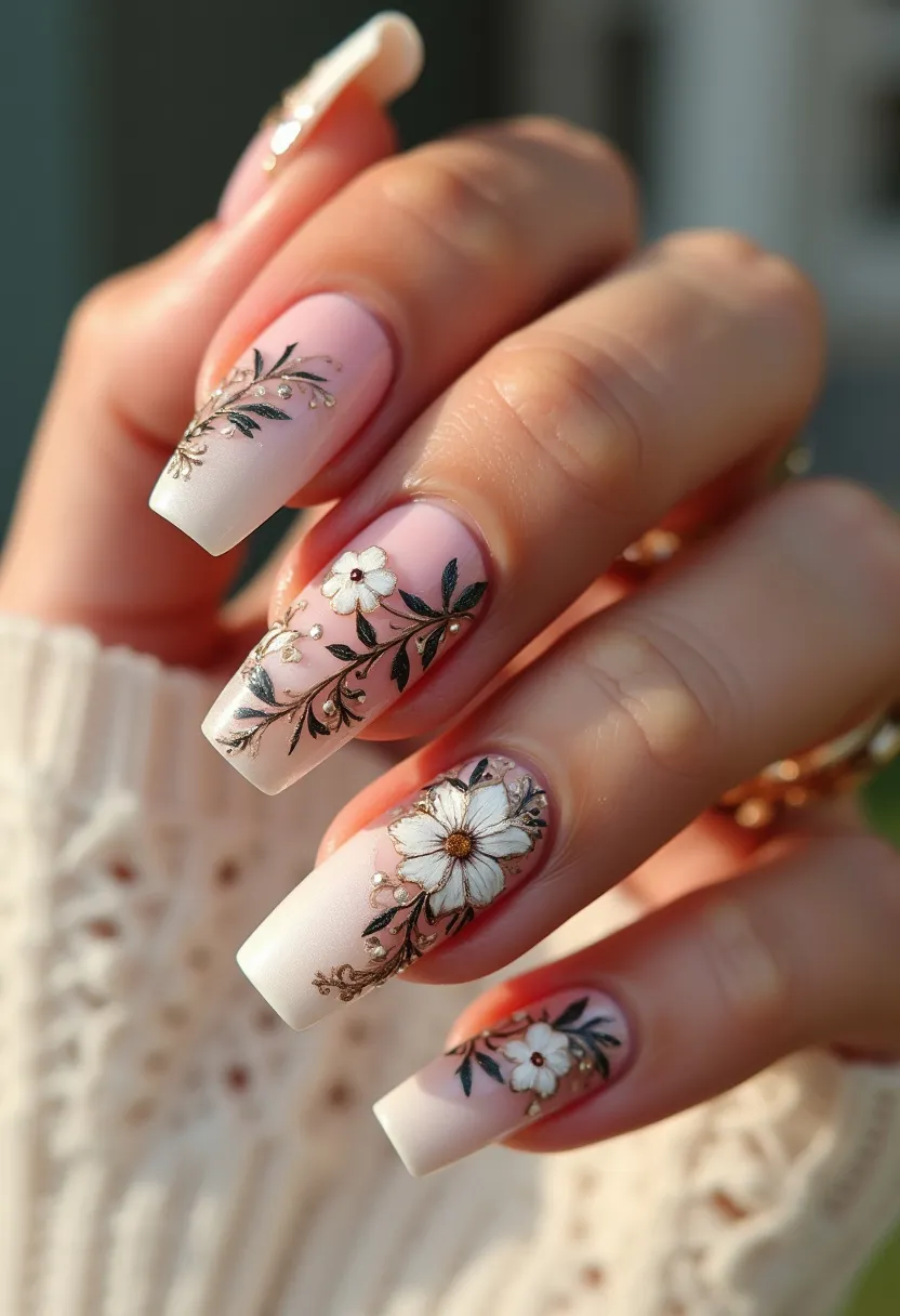 The nail design features a sophisticated, floral-themed aesthetic with a gentle pastel color palette consisting of soft pinks and whites, lending a subtle and elegant look. The nails are shaped in a long, square form, which provides a suitable canvas for the intricate artwork. Each nail showcases delicate floral patterns, adorned with detailed white flowers and green leaves, highlighted by golden accents and small pearls to add a touch of luxury and refinement. The remarkable artwork suggests that gel treatments may have been used to secure this high level of detail and longevity. The design exudes a fresh and natural vibe, suitable for spring or special occasions such as weddings or garden parties.