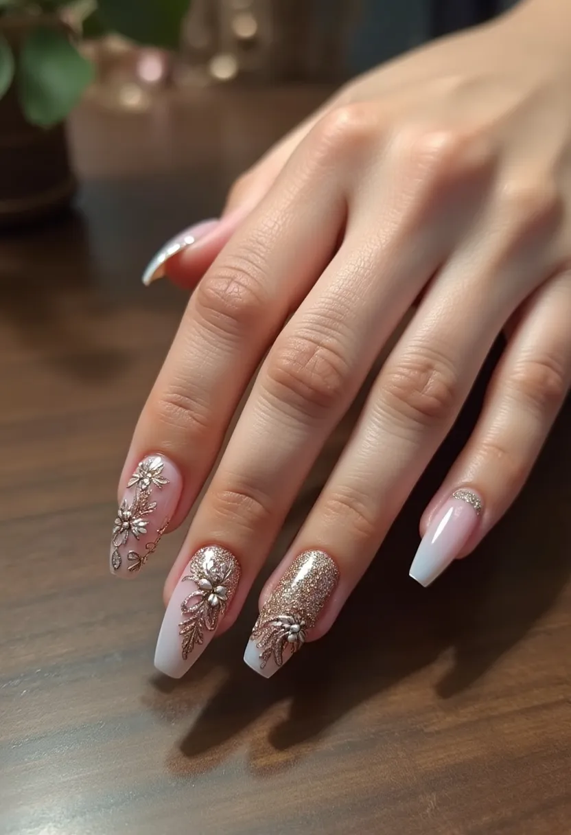 This nail design features a sophisticated and elegant palette that includes shades of white, soft pink, and shimmering gold. The nails are coffin-shaped, providing a sleek and stylish look. Intricate gold floral patterns are meticulously crafted on some nails, adding a touch of luxury and artistic detail. The pink nails with golden glitter offer a glamorous feel, while one nail stands out with a half-moon design accentuated by a golden rim. This appears to be a gel nail treatment, providing a glossy and long-lasting finish. The design is perfect for special occasions, such as weddings or formal events, due to its intricate details and luxurious appearance.