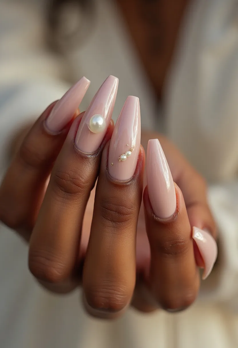 The nail design features a sleek and sophisticated look with a subtle, light pink color palette. The nails are shaped in a long coffin style, providing an elegant and elongated appearance. Adding to the fineness, the nails include delicate decorations; one nail boasts a large round pearl, while another nail highlights three smaller pearls and tiny gold embellishments. The overall look suggests a gel nail treatment, known for its glossy and durable finish. The inclusion of pearls and gold accents lends an air of refinement, making this design suitable for formal events or special occasions, such as weddings or elegant parties. The aesthetic leans towards a timeless, chic style, ideal for those seeking a luxurious yet understated manicure.