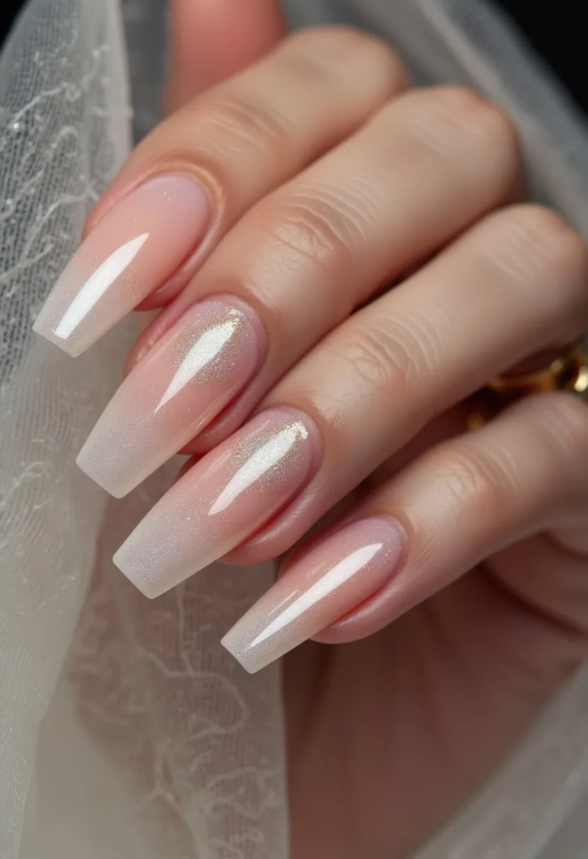 The nail design features an elegant and subtle ombre color palette that transitions from a nude or light pink at the cuticle to a soft white at the tips, giving a delicate and refined look. The nails are shaped in a long coffin or ballerina style, which enhances their sophisticated appearance. There are intricate shimmering accents on each nail, adding a touch of glamour, making them suitable for special occasions such as weddings or formal events. The nails appear to be treated with a gel polish, which provides a high-gloss and durable finish. The overall design conveys a chic and timeless aesthetic, ideal for a variety of elegant occasions.