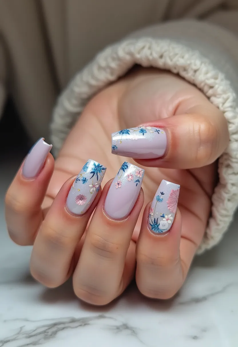 The nail design showcases a soft and feminine color palette consisting of light lavender as the base color, complemented by intricate floral patterns in vibrant blue, pink, and white hues. The nails are shaped into a classic square-tip style and appear to have a glossy finish, indicative of a gel or shellac treatment. Detailed, three-dimensional floral decorations add unique texture and depth to the design, featuring delicately rendered blooms and accents that suggest a delicate, garden-inspired theme, making it particularly suited for spring or wedding seasons.