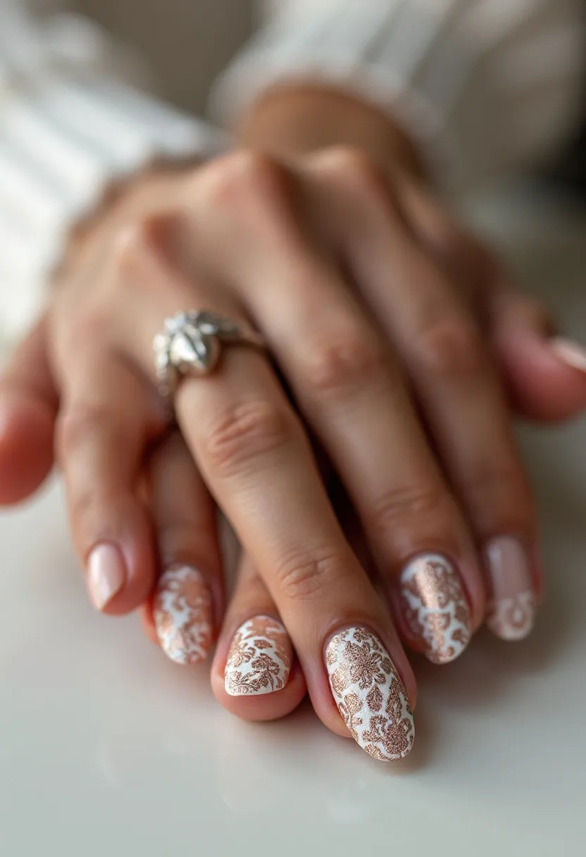 The nail design features a sophisticated color palette dominated by soft nude and metallic gold tones. The nails are almond-shaped, providing an elegant and elongating effect to the fingertips. Intricate patterns showcasing gold floral motifs are artfully applied to several of the nails, while others maintain a solid, nude base for balance. The execution suggests a gel or acrylic treatment, as the finish is smooth and glossy, hinting at durability and a polished look. This design is particularly suited for special occasions, such as weddings or formal events, due to its refined and luxurious aesthetics.