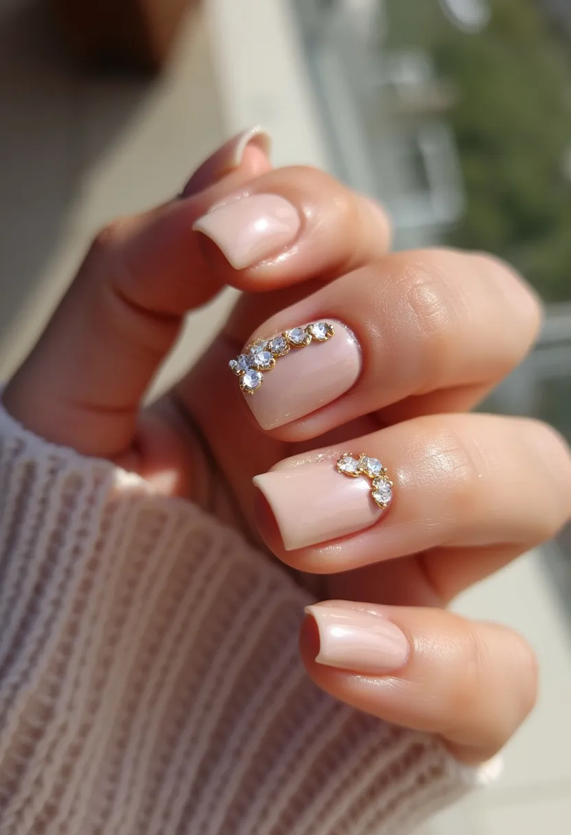 The nail design showcases a sophisticated and elegant look featuring a pale nude or light pink color palette. The nails are squarely shaped, providing a clean and modern appearance. Intricate patterns adorn the nails, with shimmering rhinestones meticulously placed at the base of the two accent nails. These rhinestones form a stylish, curving line that adds a touch of glamour and sparkle. The smooth, glossy finish indicates that a gel or shellac treatment has been used, enhancing the durability and shine of the nails. This design is versatile and could be suitable for various special occasions, including weddings and formal events, or even for an everyday elegant look.