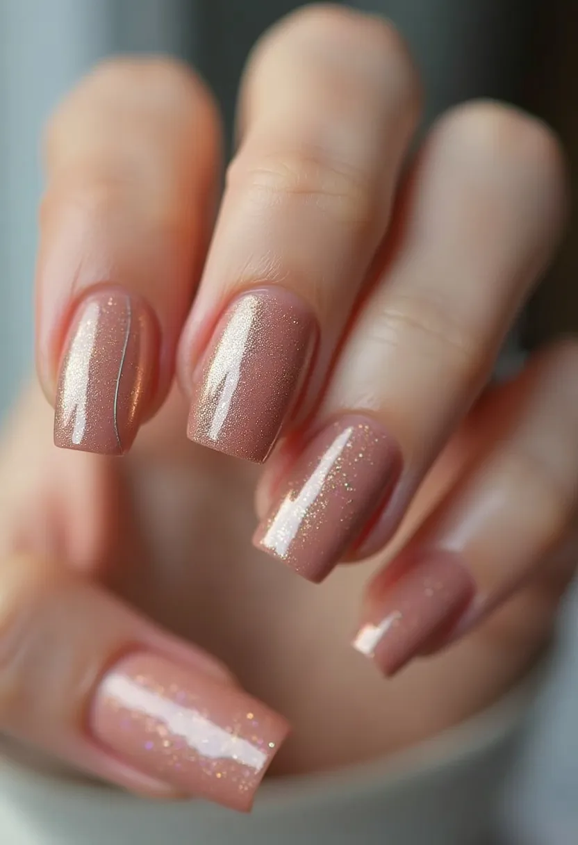 This nail design showcases a classic, elegant look with a warm, nude-pink color palette accented by subtle, fine glitter that gives a shimmery effect. The nails are shaped in a square or squoval style, offering a clean and sophisticated appearance. The polish appears to be a gel treatment, providing a high-gloss and long-lasting finish. The glittery detail is uniformly distributed across the nails, adding a festive touch that could be suitable for special occasions or seasonal celebrations, such as parties or holiday events. The overall design maintains an understated yet glamorous feel, perfect for those seeking a refined and polished look.