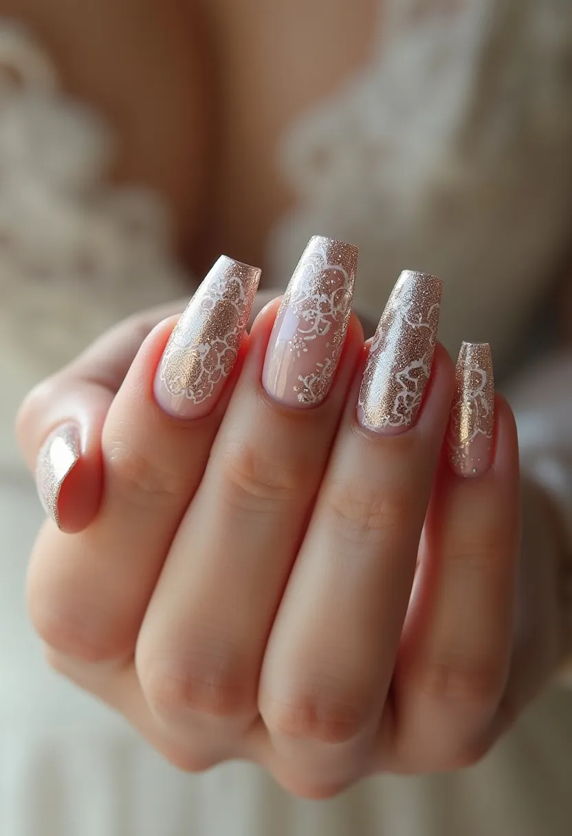 This stunning nail design features a sophisticated and elegant color palette of soft pink and gold, perfectly suited for special occasions such as weddings or formal events. The nails are long and squared-off, which adds a touch of modernity and sharpness to the overall look. The gold embellishments are intricately designed in delicate lace-like patterns, which stand out beautifully against the sheer pink base. The design has a fine, glittery finish that adds a subtle sparkle, indicative of a possible gel or shellac nail treatment to achieve such a smooth and polished look. The intricate lace detail combined with the shimmering gold gives a romantic and timeless feel, making these nails a perfect accessory for a bride or an elegant evening event.