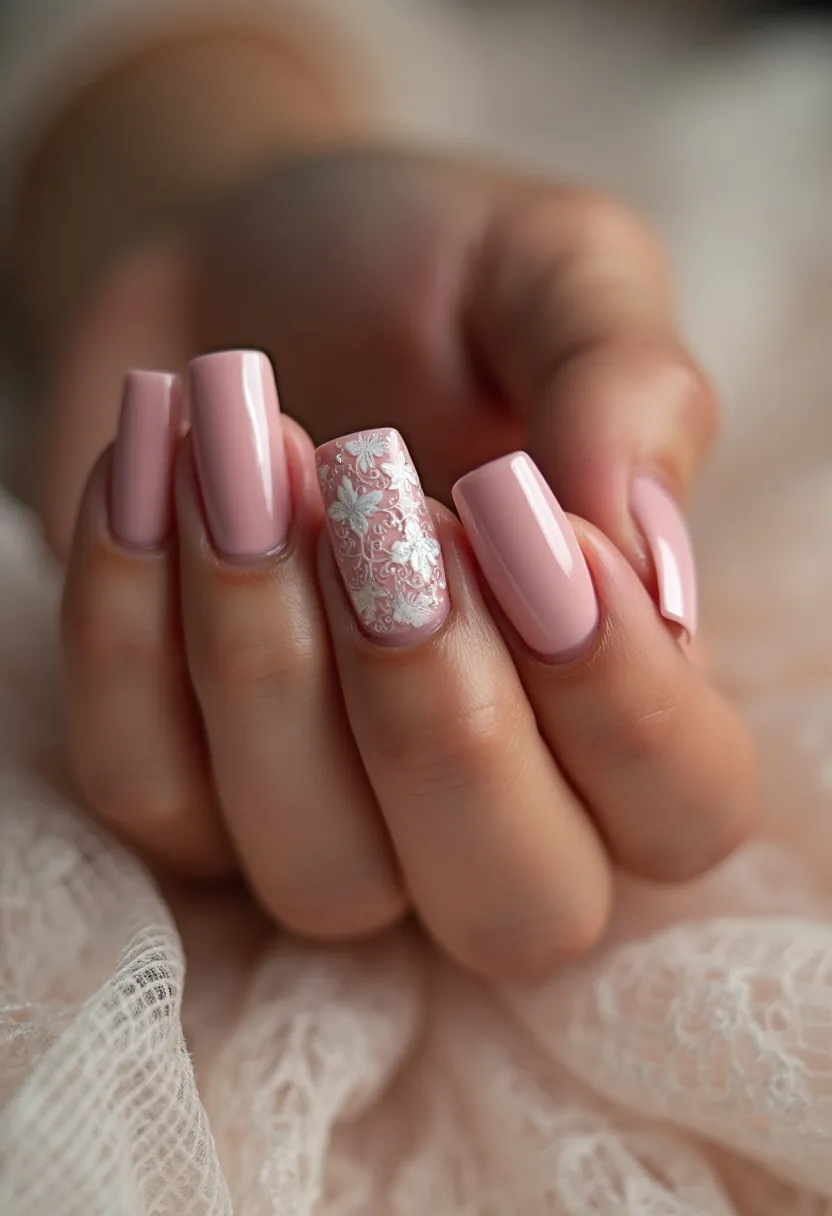 This nail design features a delicate and feminine palette dominated by a soft, pale pink color on all the nails, which are long and have a square shape. On the ring finger, there is an accent nail with intricate white floral patterns, adding a touch of elegance and sophistication. The nails appear to be treated with gel polish, giving them a smooth and glossy finish. The overall design has a refined and classy feel, suitable for special occasions such as weddings or other formal events. The combination of the soft pink hue with white floral accents gives the design a fresh and seasonal springtime appeal.