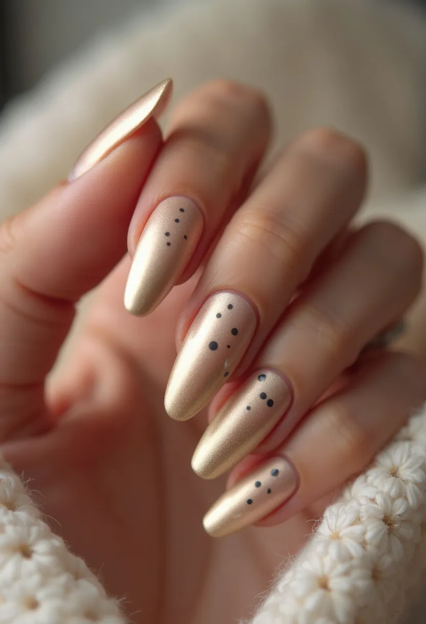 This nail design features a sophisticated and elegant color palette primarily consisting of a shimmery champagne or golden hue. The nails are shaped into a medium-length almond form, providing a sleek and elongating effect to the fingers. Intricate patterns are created with minimalistic black dots arranged in varying patterns on each nail, adding a subtle yet stylish accent. The finish appears to be achieved with a gel polish, given the smooth and glossy surface. These nails could be suitable for a variety of occasions, offering a classy look that can easily transition from casual to formal settings. The serene color and gentle shimmer also make it a fitting choice for seasonal themes like winter or for special occasions such as weddings and holiday events.