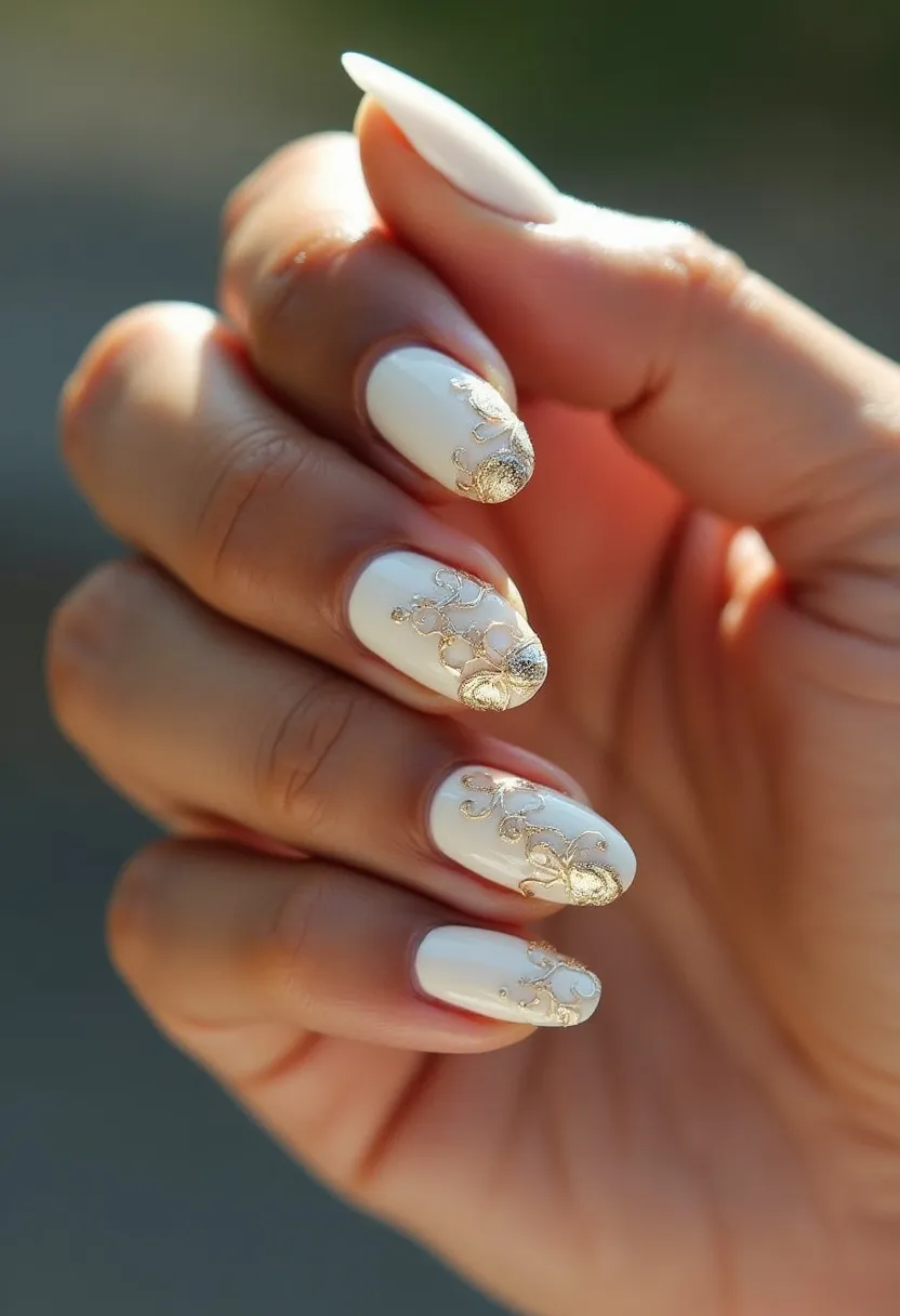 The nail design features a sophisticated and elegant aesthetic with a color palette dominated by a glossy white base. The nails are sculpted in an almond shape, providing a sleek and elongated appearance. Intricate gold patterns adorn each nail, focusing primarily on delicate swirls and ornate, filigree-like designs that add a touch of luxury. These golden decorations suggest the use of a fine nail art brush or decals for precision, giving the nails a refined and detailed look. The treatment appears to be gel, which is known for its smooth finish and durability. The design, combined with the rich gold accents, makes this nail art ideal for formal occasions, such as weddings or holiday celebrations, where an elegant and festive look is desired.