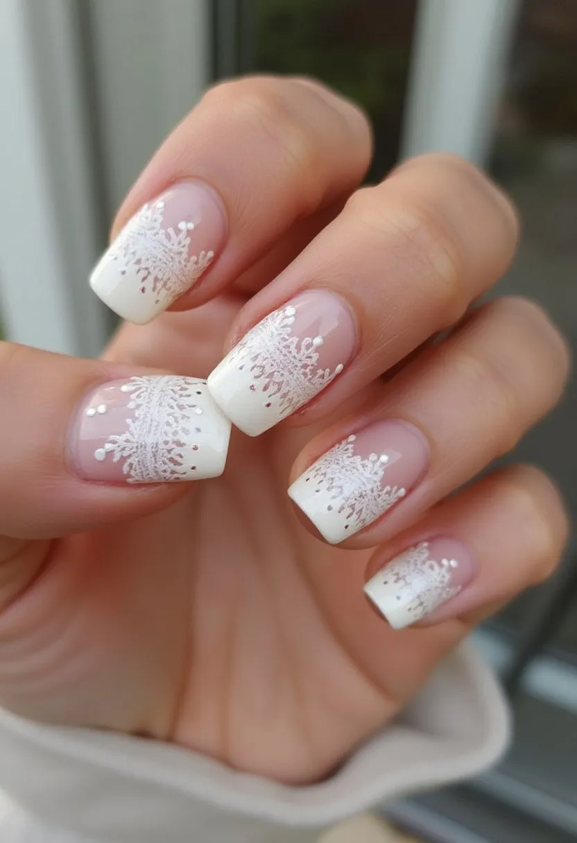 These nails feature a sophisticated design with a color palette dominated by white and natural pink hues. The nails are shaped into a square form, offering a modern and neat finish. Intricate white snowflake patterns adorn the tips, suggesting a winter theme, possibly for the holiday season or winter events. The tips are also delicately embellished with subtle dots, enriching the overall design. This appears to be a gel treatment, given the high shine and precise detailing. The snowflake motif is detailed and festive, making these nails a perfect accessory for winter months.