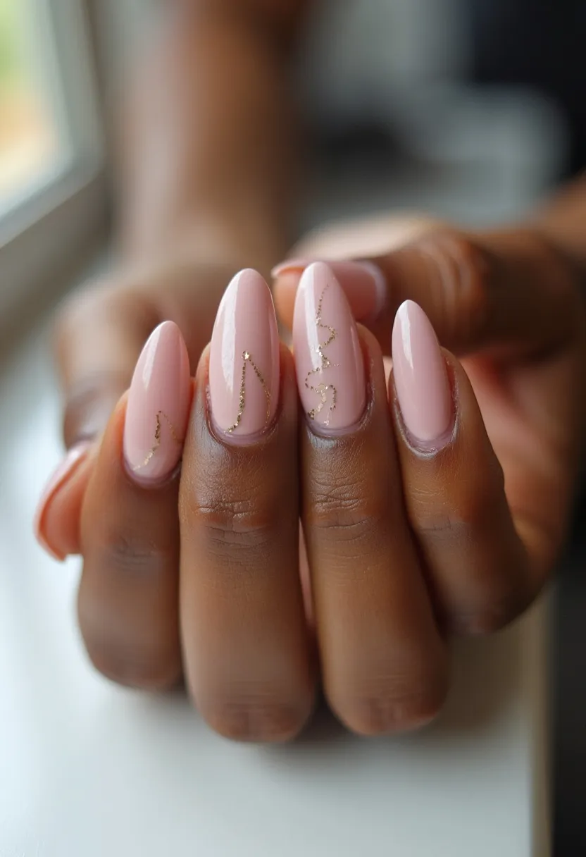 The nail design showcases a soft and elegant color palette consisting of a pale pink base coat. The nails are shaped in a medium-length almond style, providing a sophisticated and elongated appearance. Each nail features an intricate, delicate line of gold glitter, meandering across the surface in a wavy pattern, adding a touch of glamour and subtle sparkle. The nails appear to be treated with a gel finish, evidenced by their glossy and smooth texture. This design exudes a chic and refined feel, making it suitable for various occasions, from everyday wear to more formal events, and can be apt for seasonal themes like spring or summer.