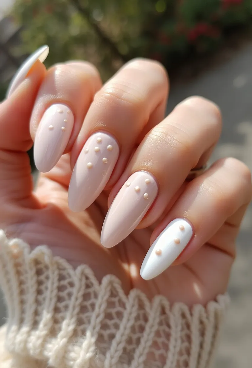 The nail design features an elegant, minimalist aesthetic with a soft color palette of creamy white and pale pink. The nails are medium in length with a classic almond shape, accentuating the natural curve of the fingers. Each nail is coated with a glossy finish, likely achieved through gel nail treatment, giving them a polished and long-lasting appearance. Intricate decorations include small, evenly spaced, three-dimensional pearl-like beads placed in clusters, adding a subtle yet luxurious touch to the design. This understated yet chic look is versatile, suitable for various occasions such as weddings, bridal showers, or everyday wear, exuding a sense of sophistication and refinement.