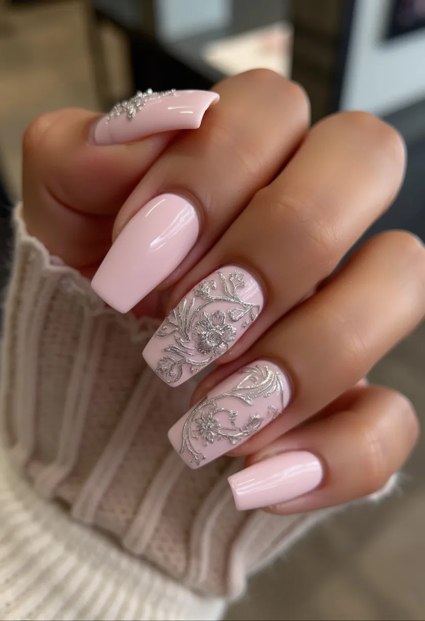 The nail design features a soft pink color palette that covers all the nails, providing a delicate and elegant look. The nails are shaped in a coffin style, which is both trendy and sophisticated. Intricate silver floral patterns decorate two of the nails, adding a touch of luxury and artistic flair to the overall design. These patterns are likely created using gel or acrylic due to their raised, three-dimensional appearance. The remaining nails have a smooth, glossy finish, likely achieved with shellac. This design is versatile and suitable for special occasions like weddings or formal events, and it also nicely fits a spring or summer theme due to the floral decorations.