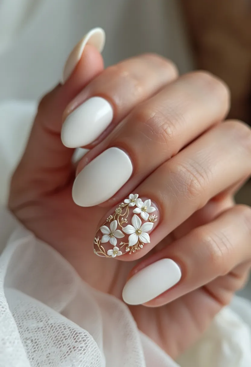 This nail design features a timelessly elegant color palette of white on medium-length, almond-shaped nails. The primary treatment appears to be gel polish, providing a smooth and glossy finish. Intricate floral patterns decorate the ring finger, crafted with precision and attention to detail. White blossoms with delicate gold accents create a stunning, three-dimensional effect, adding a touch of opulence and sophistication. The overall design exudes a bridal or special occasion vibe, making it ideal for weddings or formal events with its clean and refined appearance.