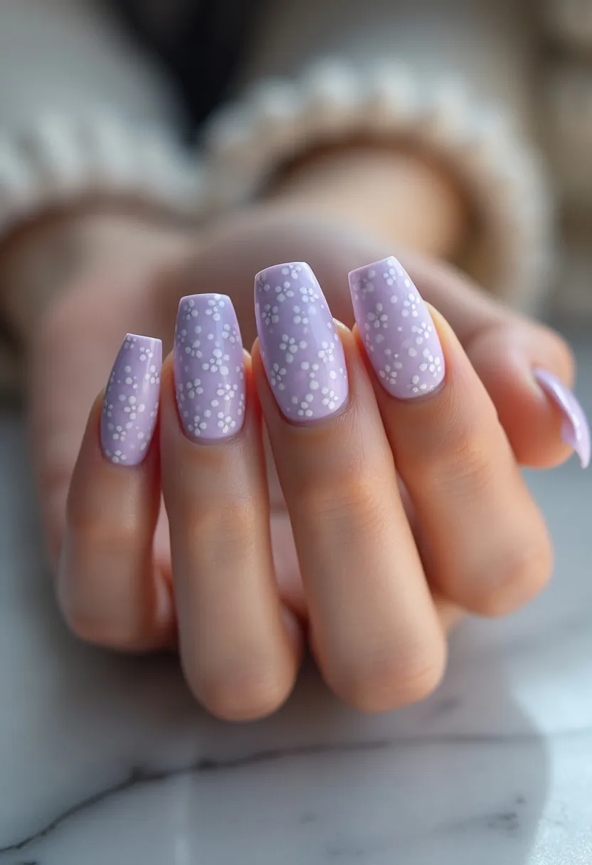 The nail design features a serene light lavender color as the base shade, indicative of a spring or possibly early summer theme. The nails have a square shape with slightly rounded edges, providing a contemporary yet comfortable look. Adding to their charm, each nail is adorned with a delicate pattern of small, white daisy-like flowers sporadically placed across the surface, which complements the soft lavender background beautifully. This look suggests the nails are treated with either gel or acrylic for their smooth, glossy finish and durability. The intricate floral design and light, refreshing palette make this nail art ideal for occasions such as spring festivals, garden parties, or just celebrating the arrival of warmer days.