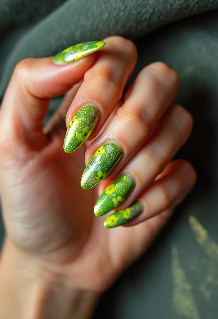 The nail design features a striking color palette with various shades of green, including lime and forest green, enhanced with yellow floral patterns. The nails are shaped in a pointed almond style, adding a touch of elegance and elongation to the fingers. This design appears to use a gel treatment, giving the nails a smooth and glossy finish which highlights the intricacy of the floral decorations. The delicate flowers painted on each nail suggest a spring or summer theme, making it ideal for these warmer seasons. The shimmery green base color, combined with the bright yellow flowers, creates a vibrant and fresh look suitable for outdoor events or casual gatherings.