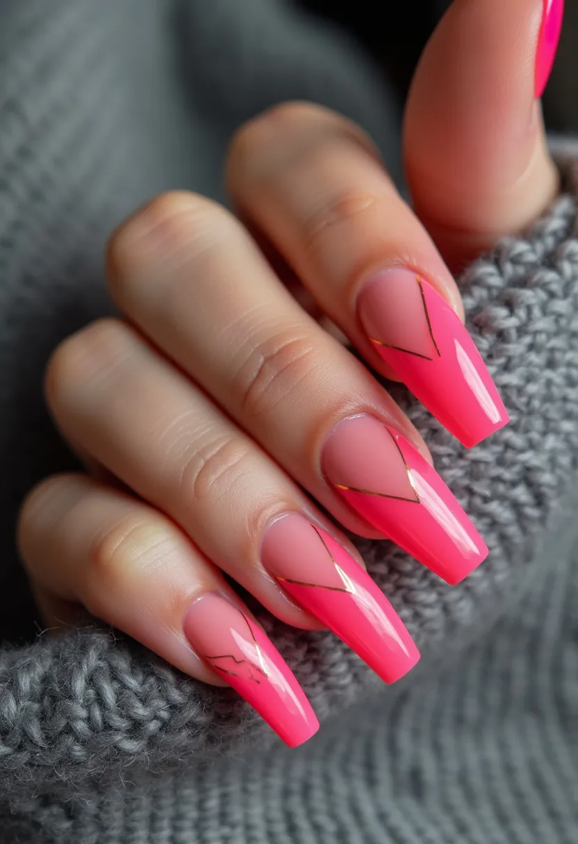 This stylish nail design showcases a vibrant, eye-catching color palette dominated by a bright pink hue. The nails are shaped in a long, tapered coffin or ballerina style, which adds an elegant and modern touch. Each nail exhibits a meticulous gradient transition from a natural pink at the base to a vivid pink at the tips, further accentuated with sleek, gold geometric line accents that add a sophisticated finish. This particular design appears to employ gel treatment, noted for its glossy and smooth finish. The overall aesthetic suggests a playful yet polished look, making it suitable for festive seasons, especially summer, or for special occasions where one would want their nails to stand out.