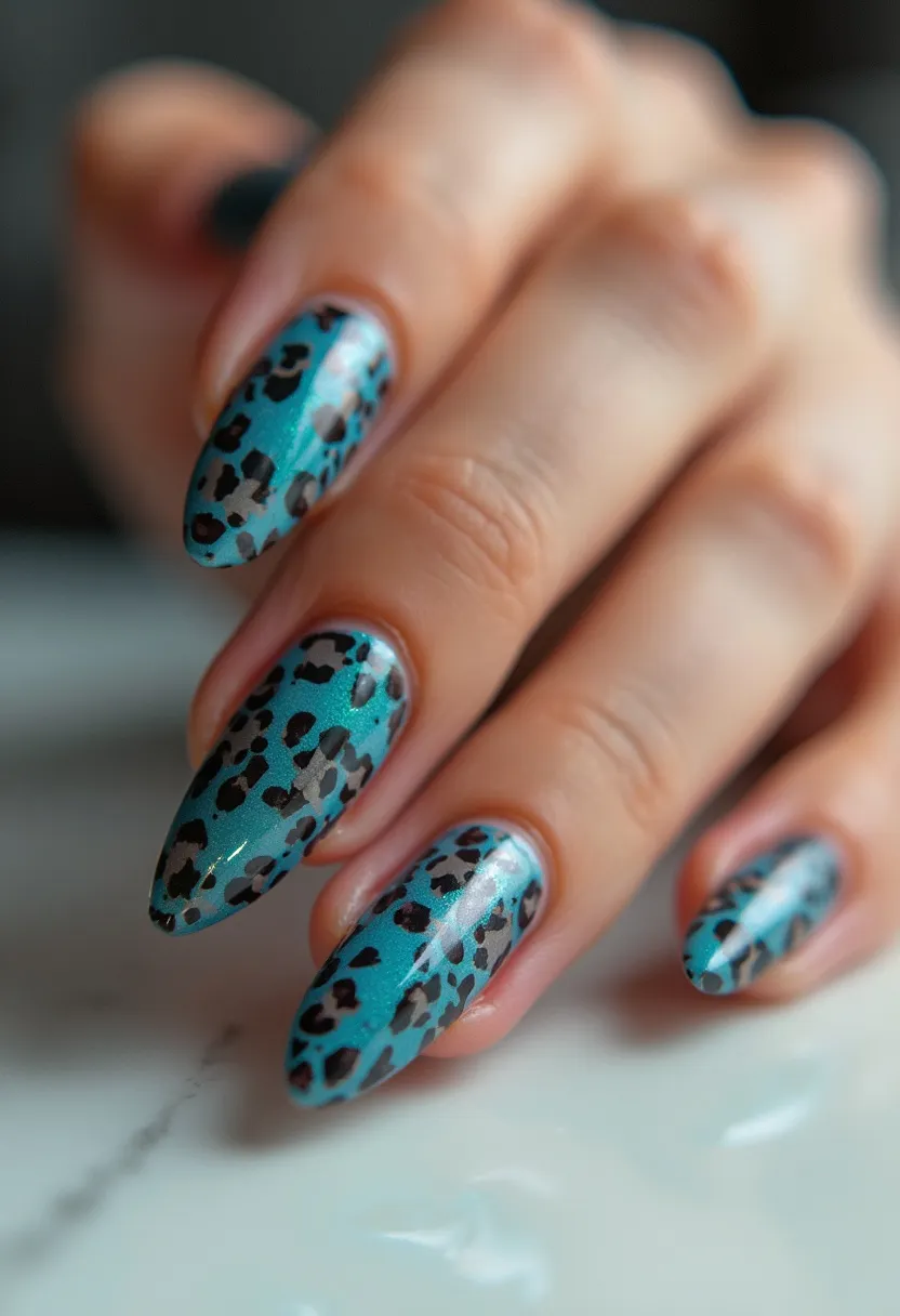 The nail design features a striking color palette dominated by shades of turquoise and black, creating a bold contrast. The nails are almond-shaped, providing an elegant and elongated appearance. Each nail is adorned with a leopard print pattern, with irregular black spots over a metallic turquoise base, giving it a wild and edgy vibe. The nail treatment appears to be gel, given the glossy and smooth finish, which adds to the overall durability and shine. This design is unique in its animal print theme, fitting well for trendy and adventurous occasions, making it a standout choice for someone looking to make a fashion statement.