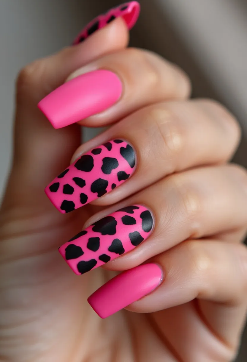 The nail design features a striking palette of bright pink and black. The nails are shaped in a long, coffin style, providing ample space for creative decoration. The pink base color dominates the design with two nails on each hand showcasing a playful black leopard print pattern, adding a touch of wild flair to the overall look. The remaining nails are solid pink, providing a balanced contrast to the intricate print. The finish appears to be matte, suggesting the use of gel or shellac for a smooth, long-lasting effect. This bold and vibrant style is ideal for fun, festive occasions or to add a pop of color to everyday wear.