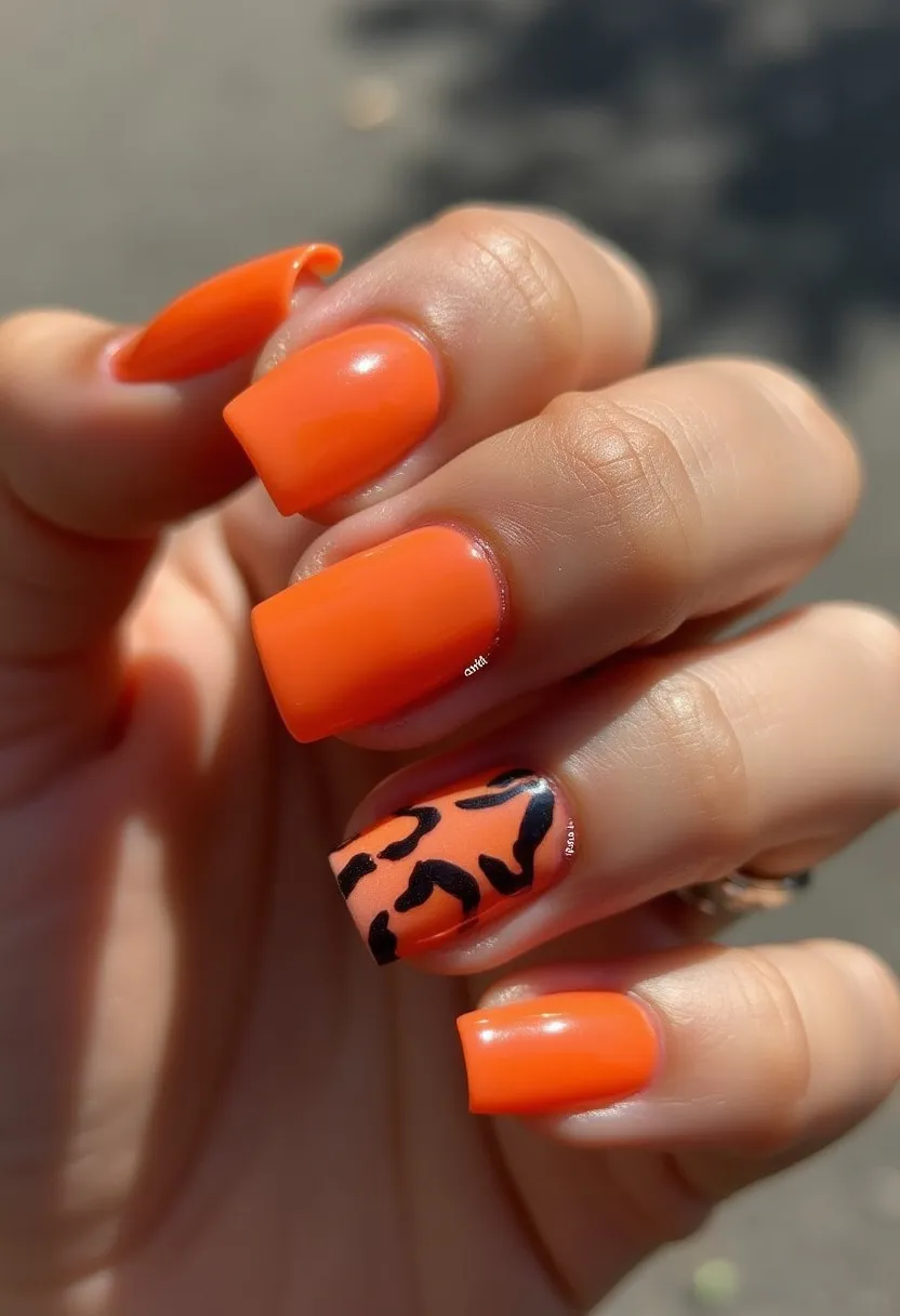 The nail design features a vibrant orange color palette, making a bold and lively statement. The nails are shaped in a modern square form, providing a clean and sleek look. For added flair, one nail on each hand is decorated with a black abstract pattern, adding a touch of artistic intrigue and contrast to the overall look. The manicure appears to be done with gel, ensuring a glossy, long-lasting finish. This design is suitable for seasonal themes like autumn due to its warm color, or for special occasions that call for a vibrant and eye-catching appearance.