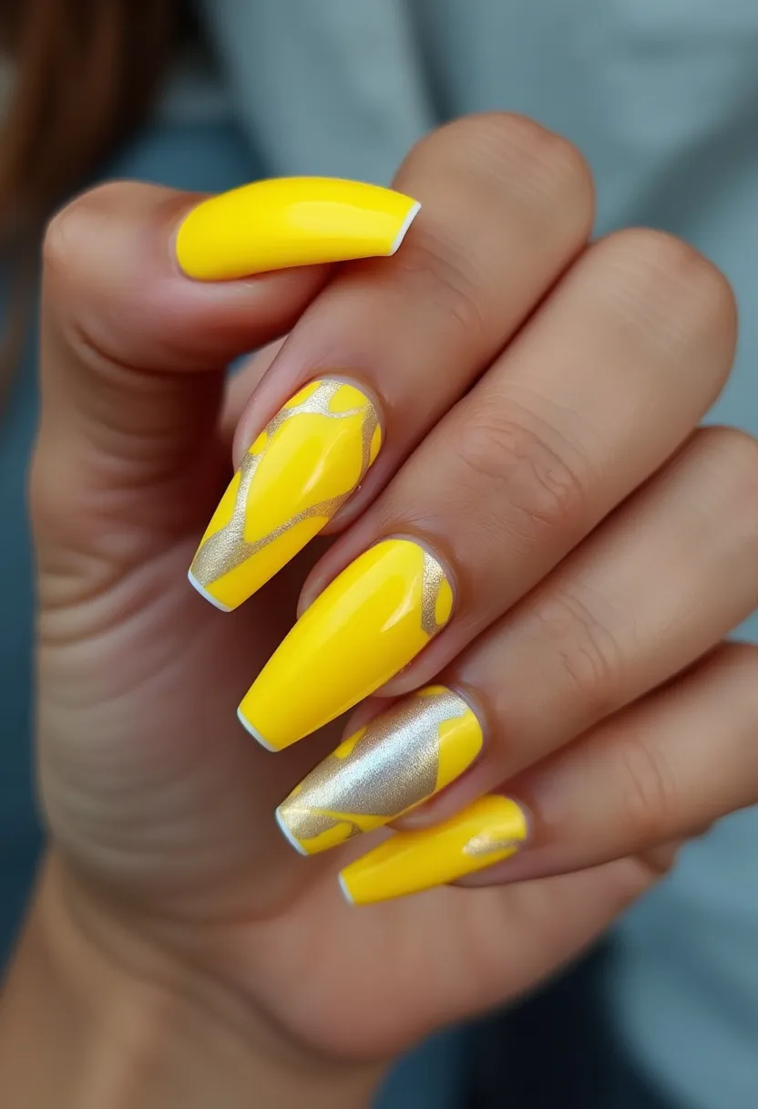 The nail design features a vibrant and bold palette dominated by a bright yellow color, complemented by metallic silver accents. The nails are shaped into a long, square-edged coffin style, emphasizing a neat and trendy appearance. Intricate patterns include a combination of solid yellow nails and others adorned with silver geometric designs that create an appealing contrast through their irregular shapes and placement. These nails have likely undergone a gel nail treatment, given their glossy finish, smooth texture, and potential long-lasting wear. The design’s lively and radiant yellow tones combined with the metallic details make it ideal for a bright spring or summer look, suitable for both casual and formal occasions, adding a touch of sunshine and elegance to the overall style.