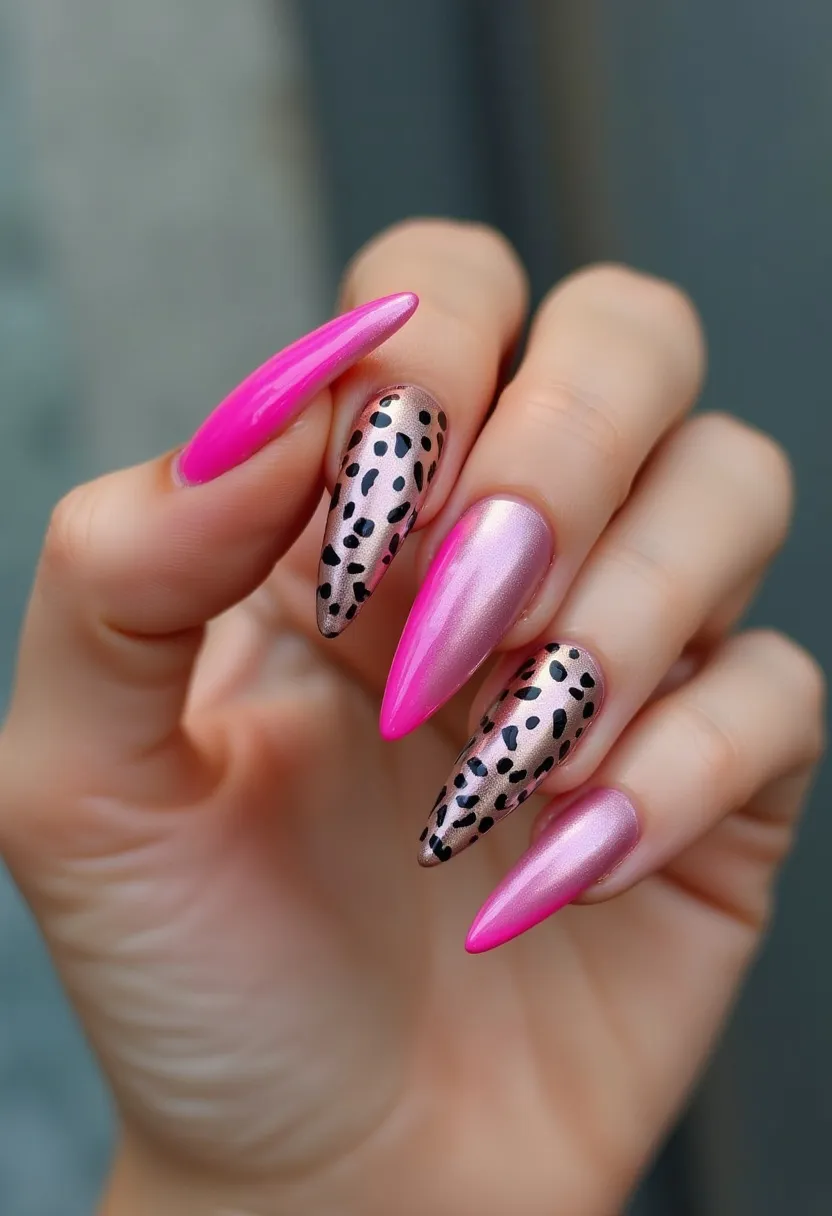 This nail design features a striking palette of vibrant pink, metallic rose gold, and black. The nails are long and shaped into an elegant stiletto form. Two of the nails are painted with a solid, glossy neon pink color, while the remaining nails showcase a metallic rose gold base with black, randomly placed spots resembling a leopard print pattern. The treatment appears to be a gel polish due to the high shine and smooth finish. The design is bold and eye-catching, suitable for a trendy, fashion-forward look, and could be ideal for special occasions or a fun, stylish celebration.